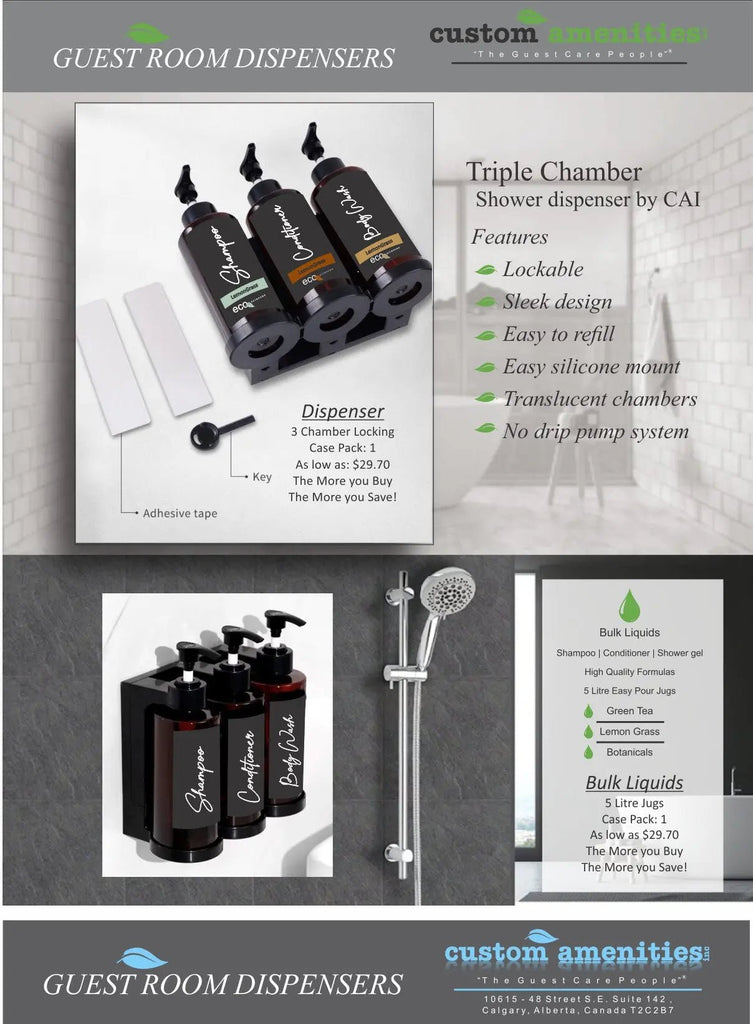Hotel Shampoo Soap Dispenser ECO Sciences ON SALE - Branded Amenities by Custom Amenities Inc.